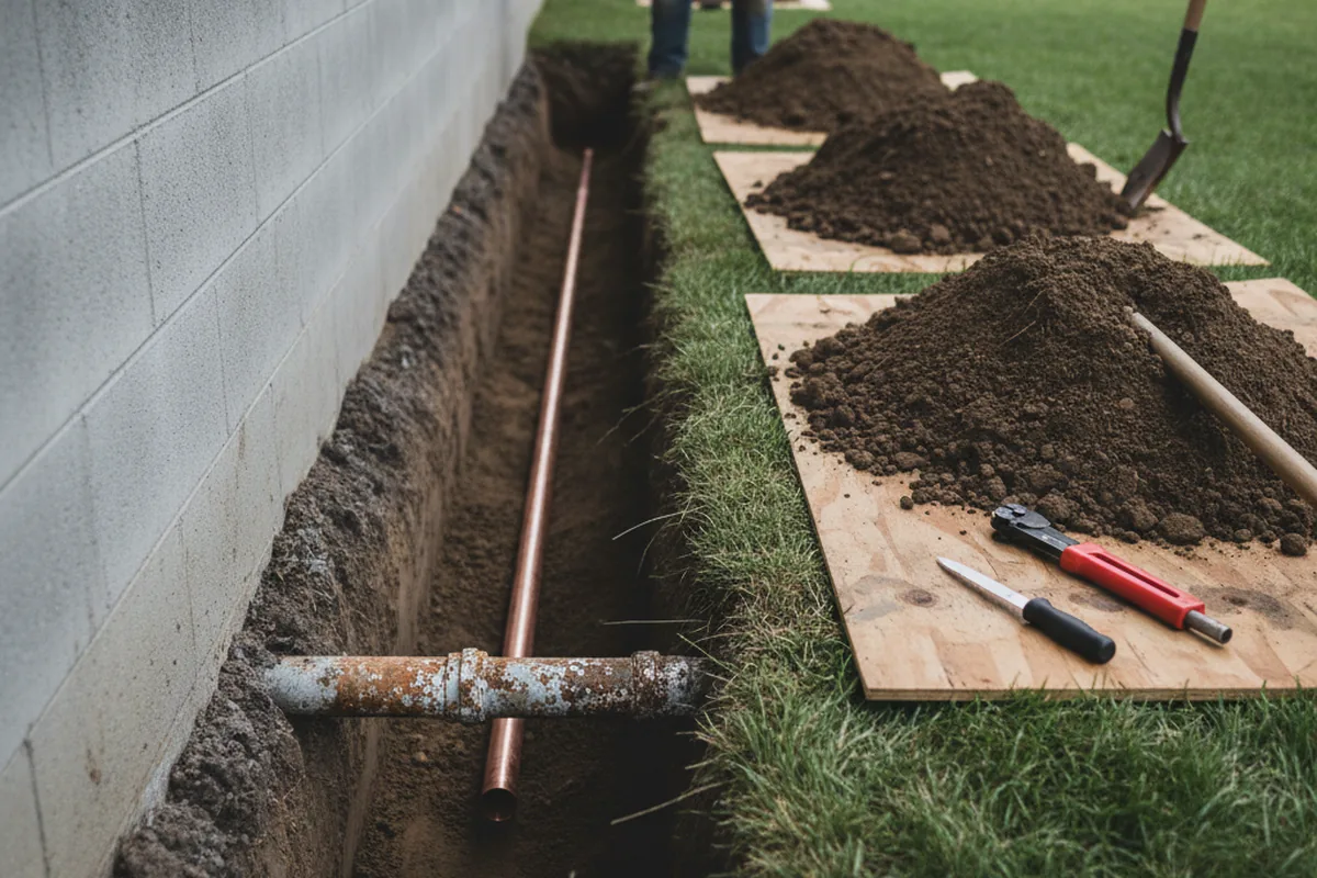 Excavated water line trench during Sewer Line Repair in Basalt